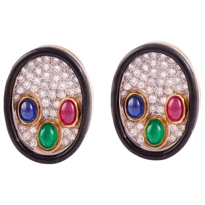 Multi-Gemstone and Diamond Earrings with Enamel in 18K Gold