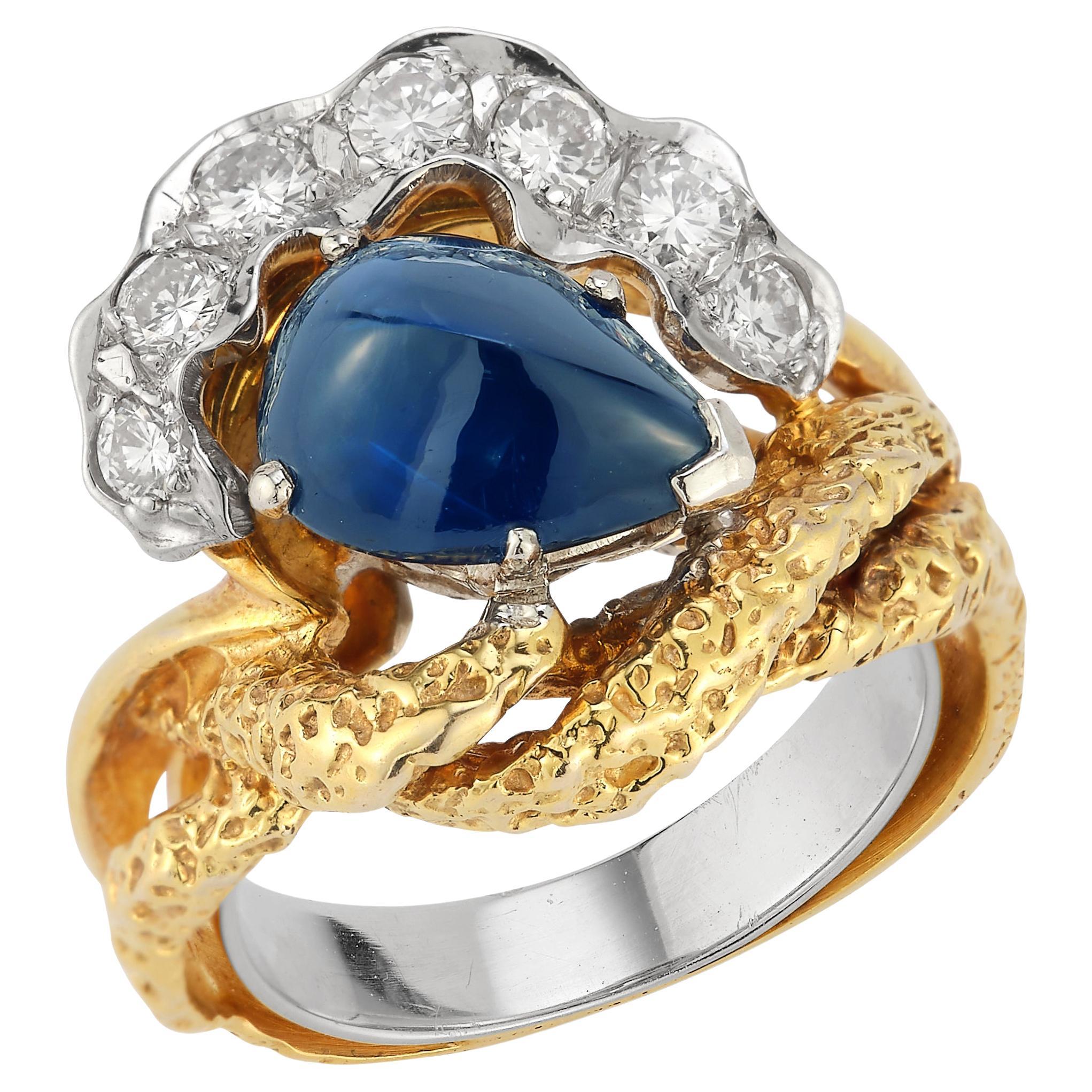 Diamond and Cabochon Sapphire Cocktail Ring For Sale