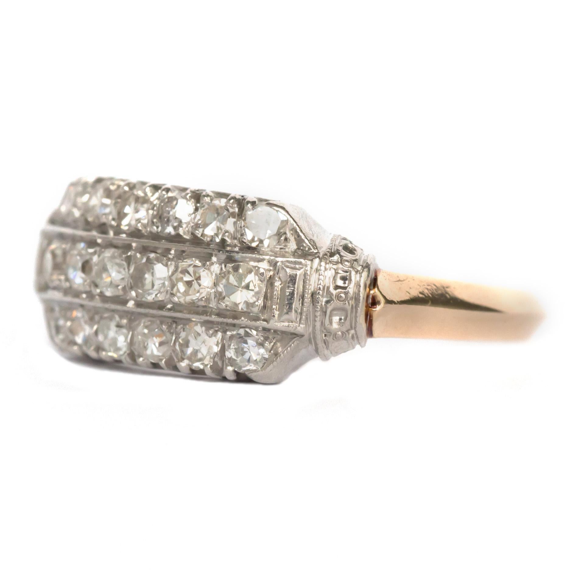 Ring Size: 6.5 
Metal Type: 14 karat Yellow Gold & Platinum 
Weight: 3.6 grams

Center Diamond Details
Shape: Antique Single Cut 
Carat Weight: .20 carat total weight
Color: F
Clarity: VS1

Finger to Top of Stone Measurement: 2.45mm 
Width: 7.35mm
