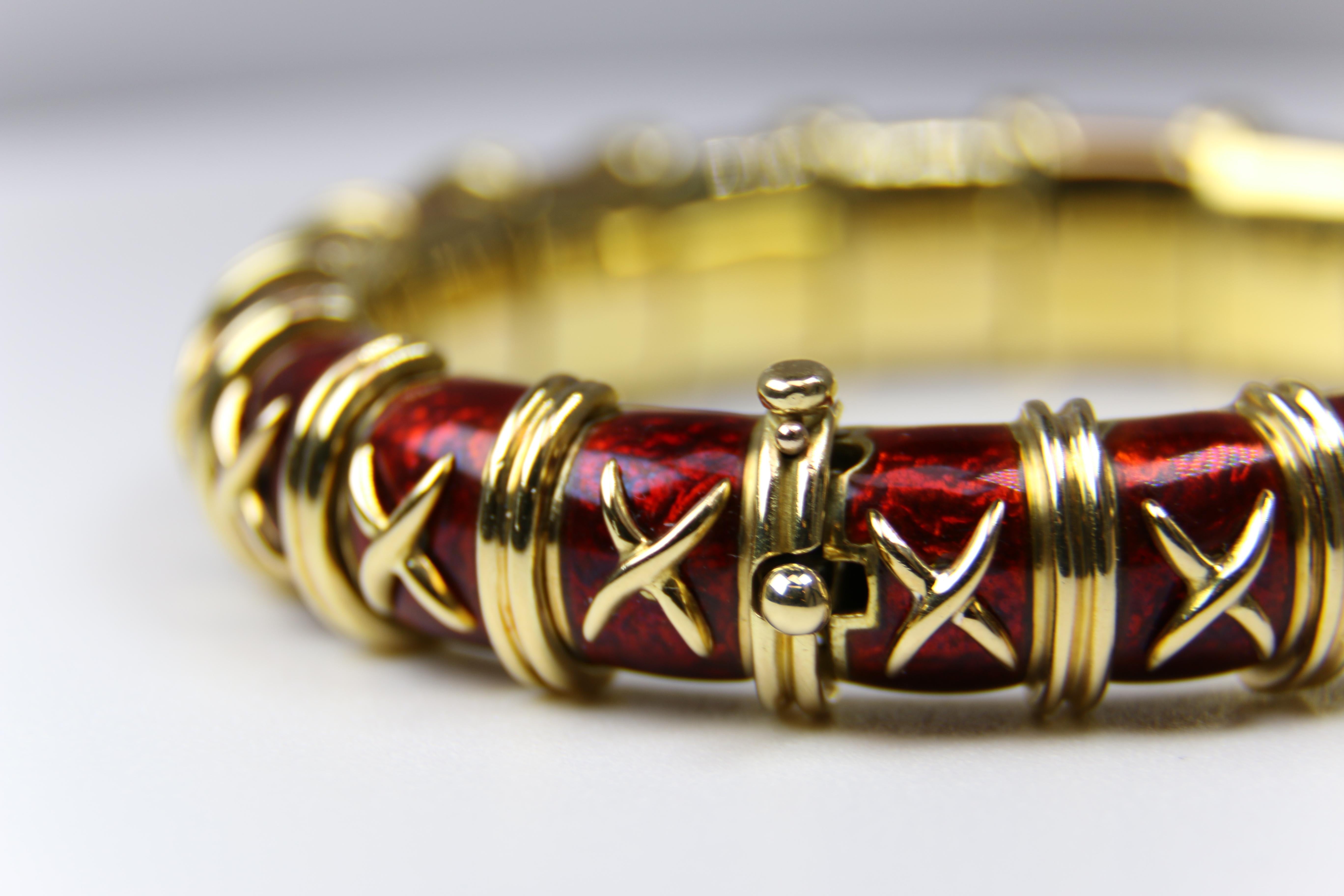 Yellow Gold and Red Enamel Schlumberger Bracelet In Good Condition In Dallas, TX