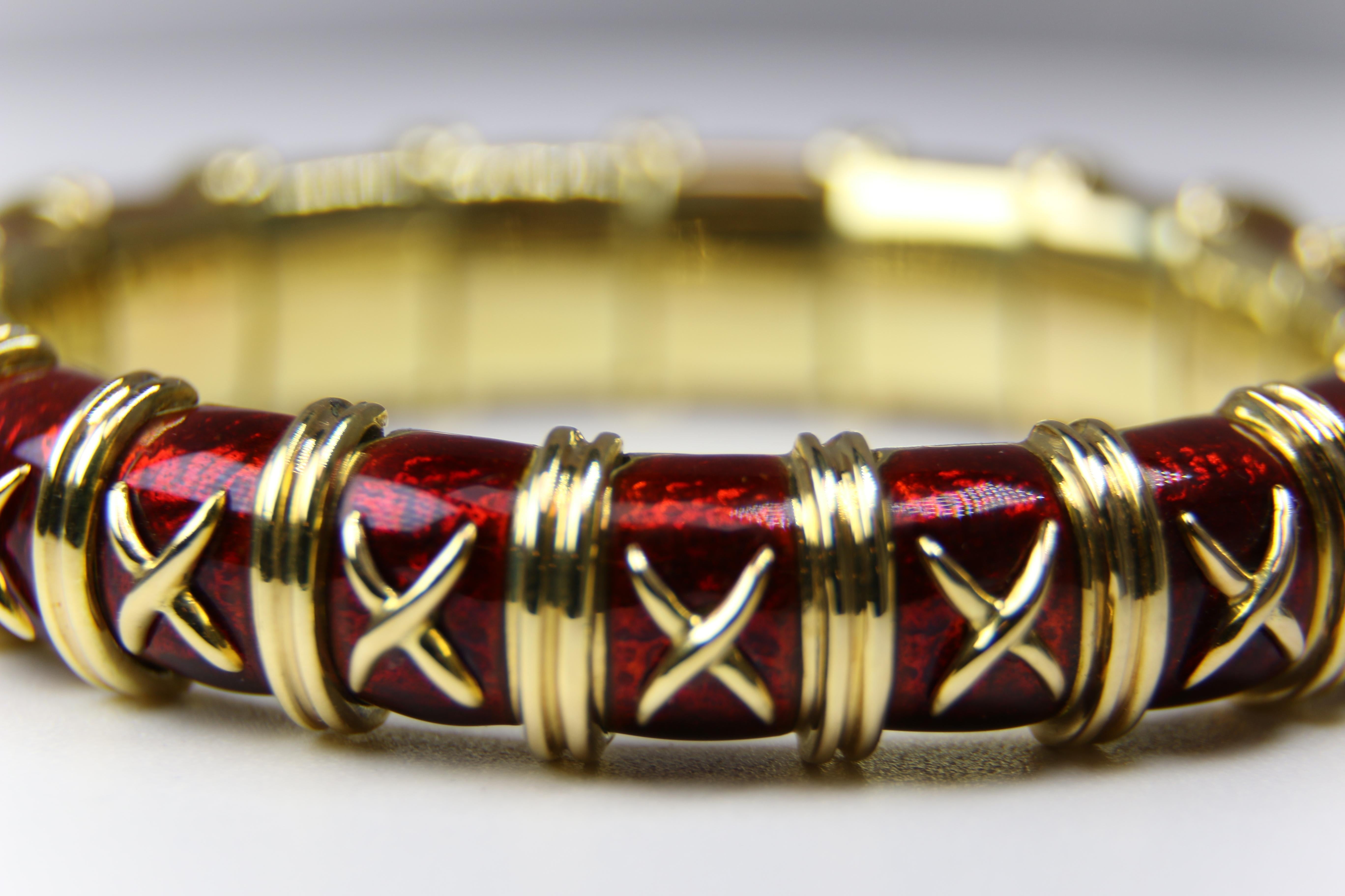 Women's or Men's Yellow Gold and Red Enamel Schlumberger Bracelet