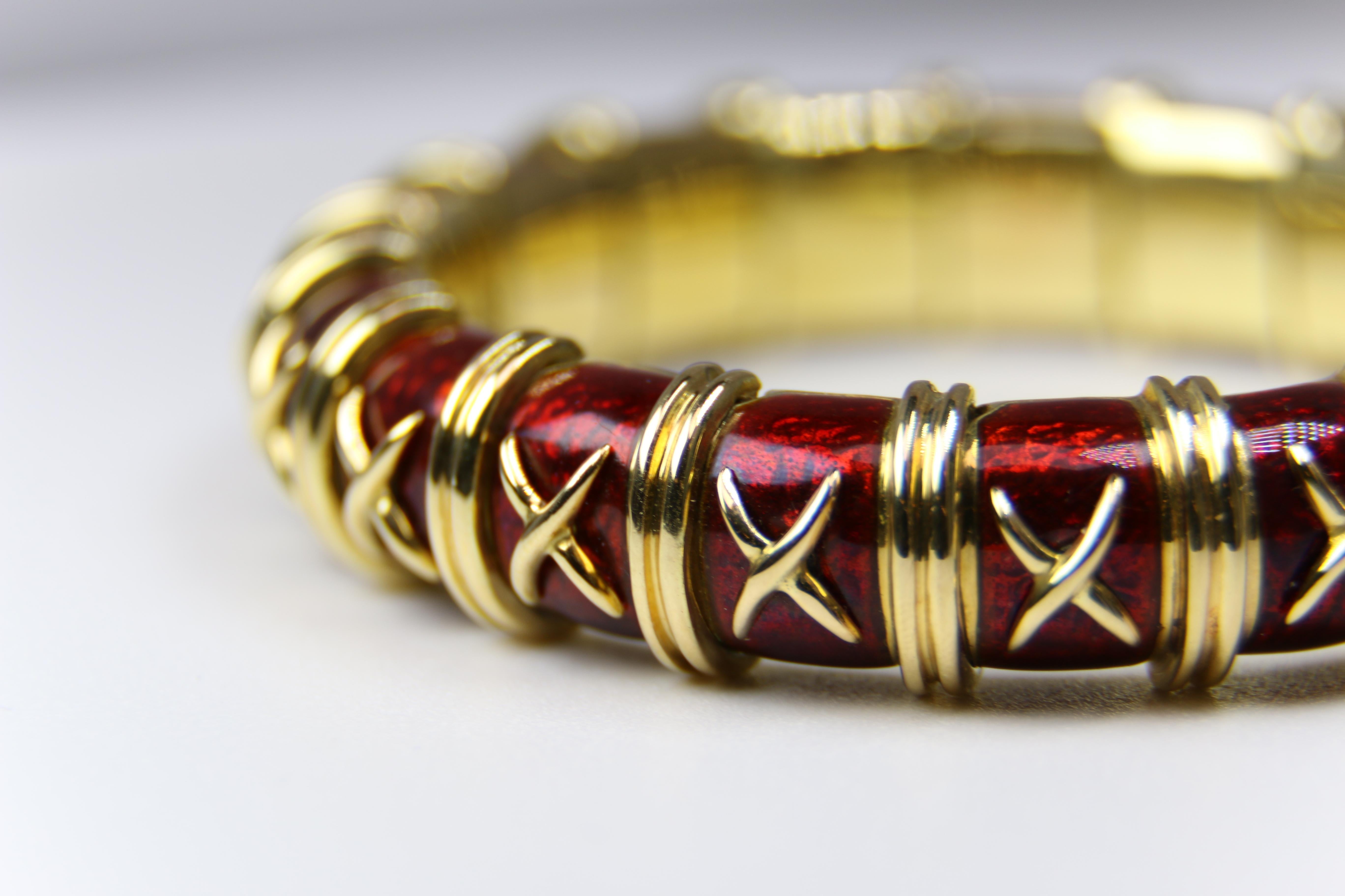 Yellow Gold and Red Enamel Schlumberger Bracelet 1