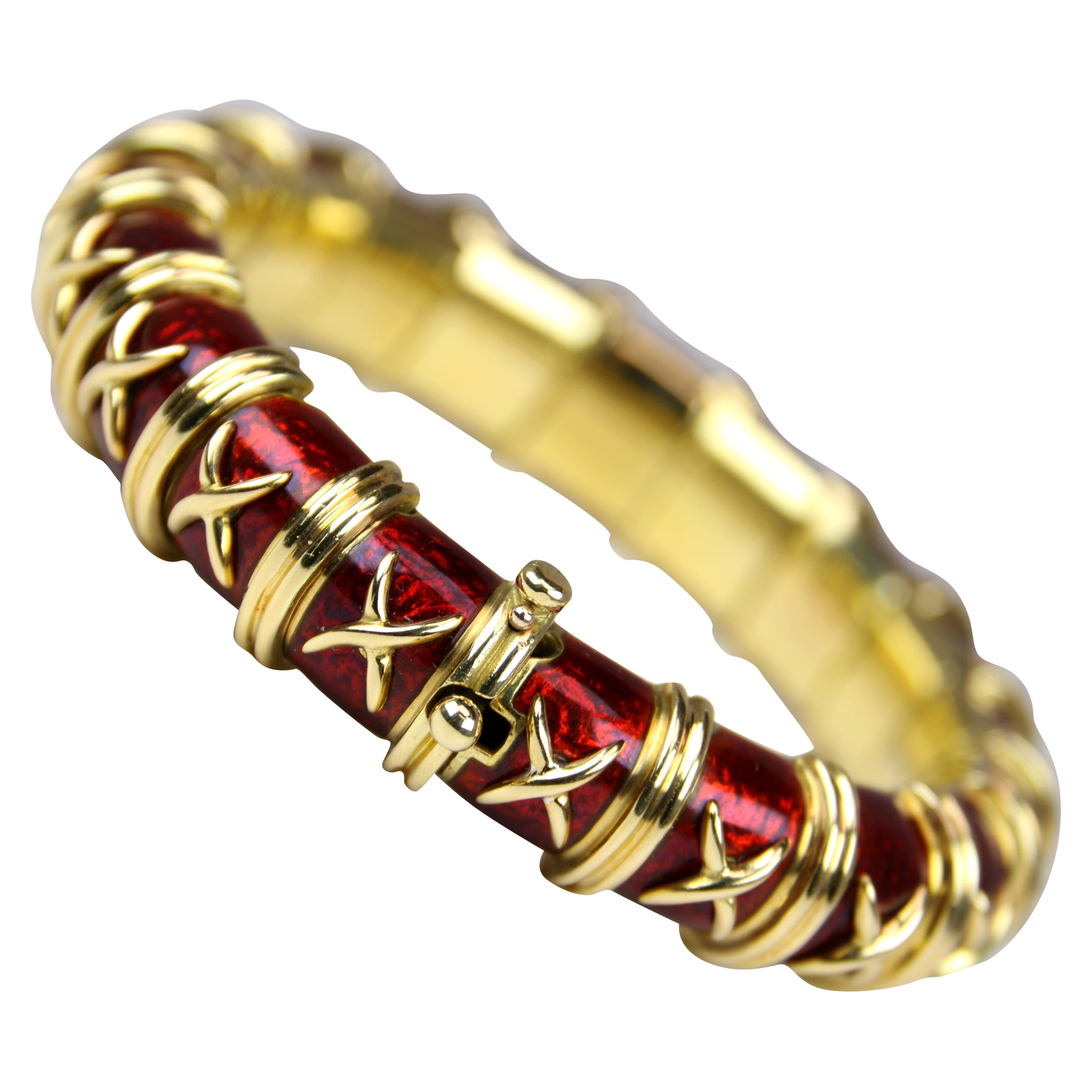 Yellow Gold and Red Enamel Schlumberger Bracelet