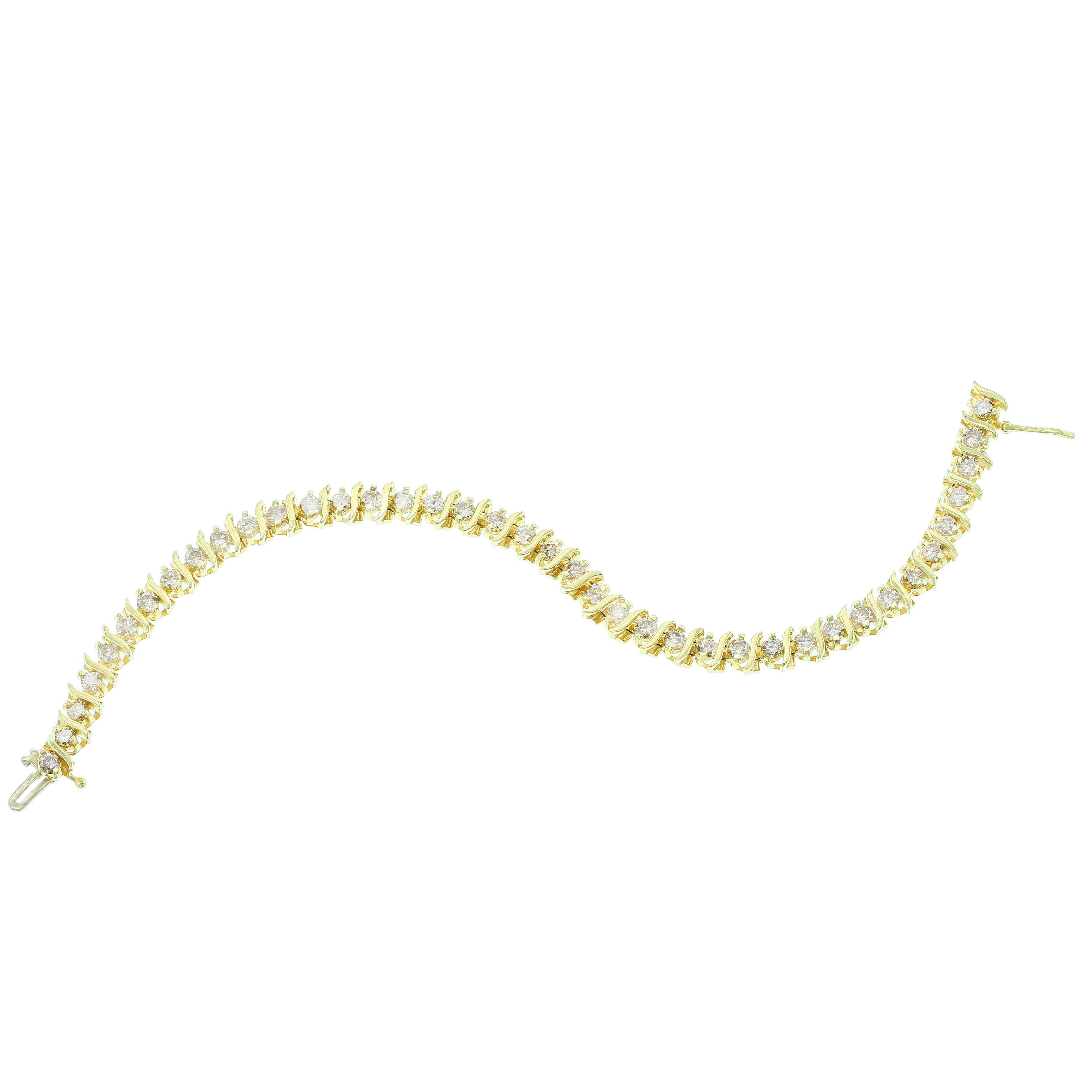 Yellow Gold and Round Cut White Diamond S-Curve Tennis Bracelet