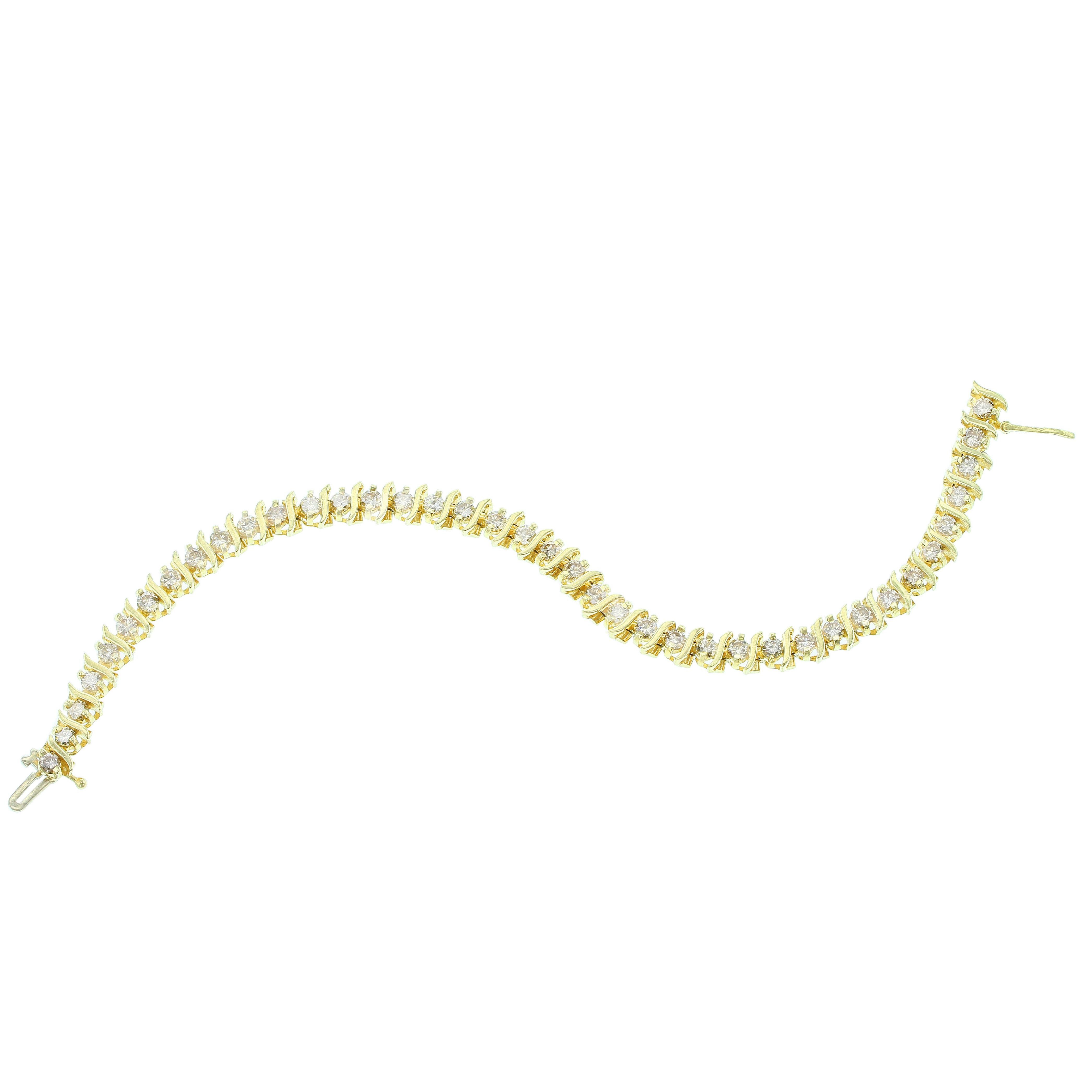 14K Yellow Gold Large Diamond Straight Line Classic Vintage Tennis Bracelet  7