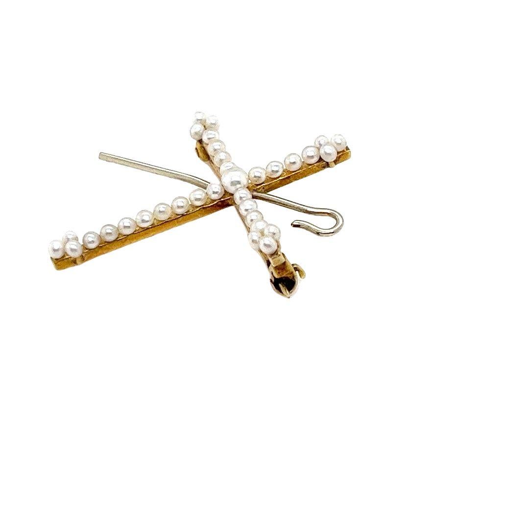 Round Cut Yellow Gold and Seed Pearl Cross Pin For Sale