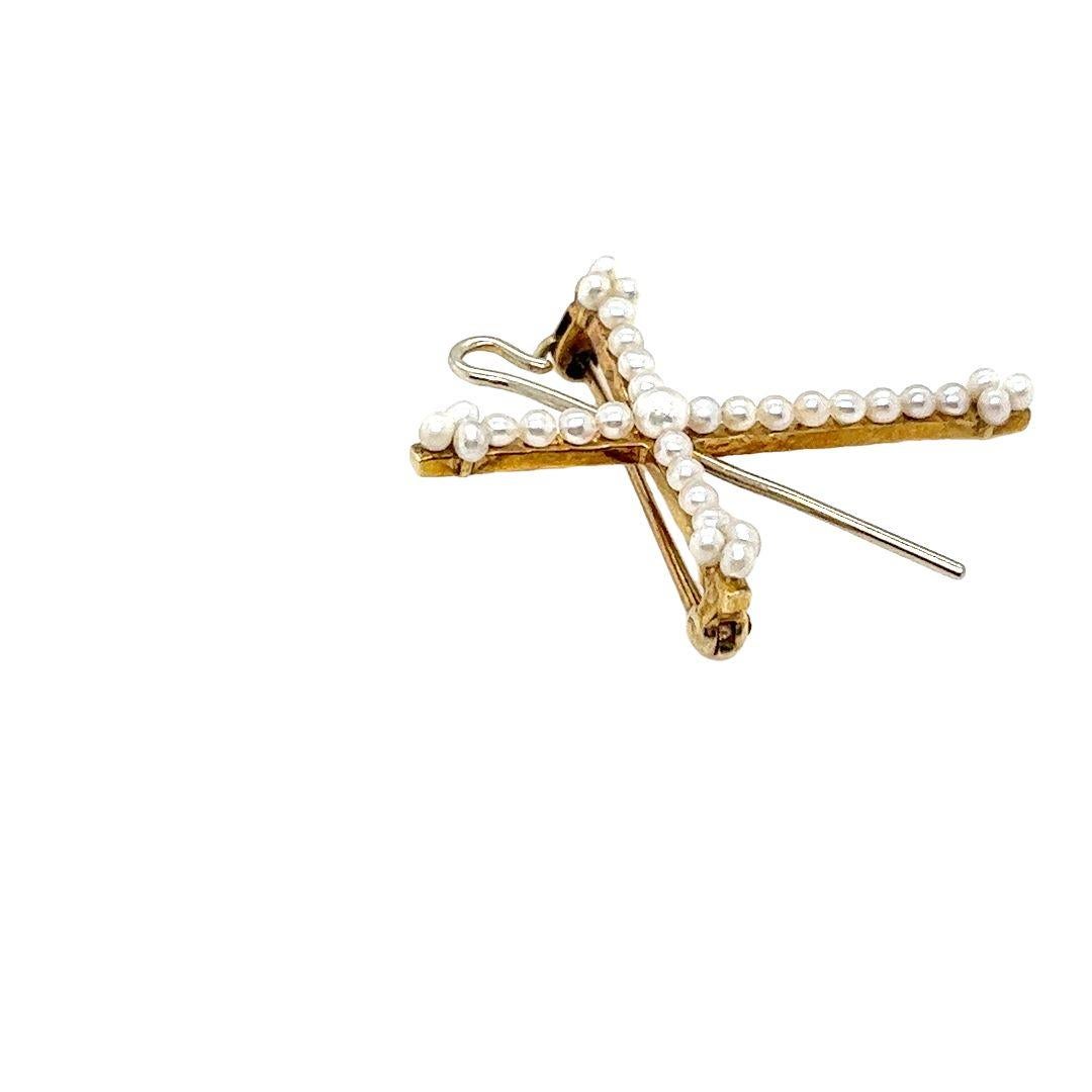 Women's or Men's Yellow Gold and Seed Pearl Cross Pin For Sale
