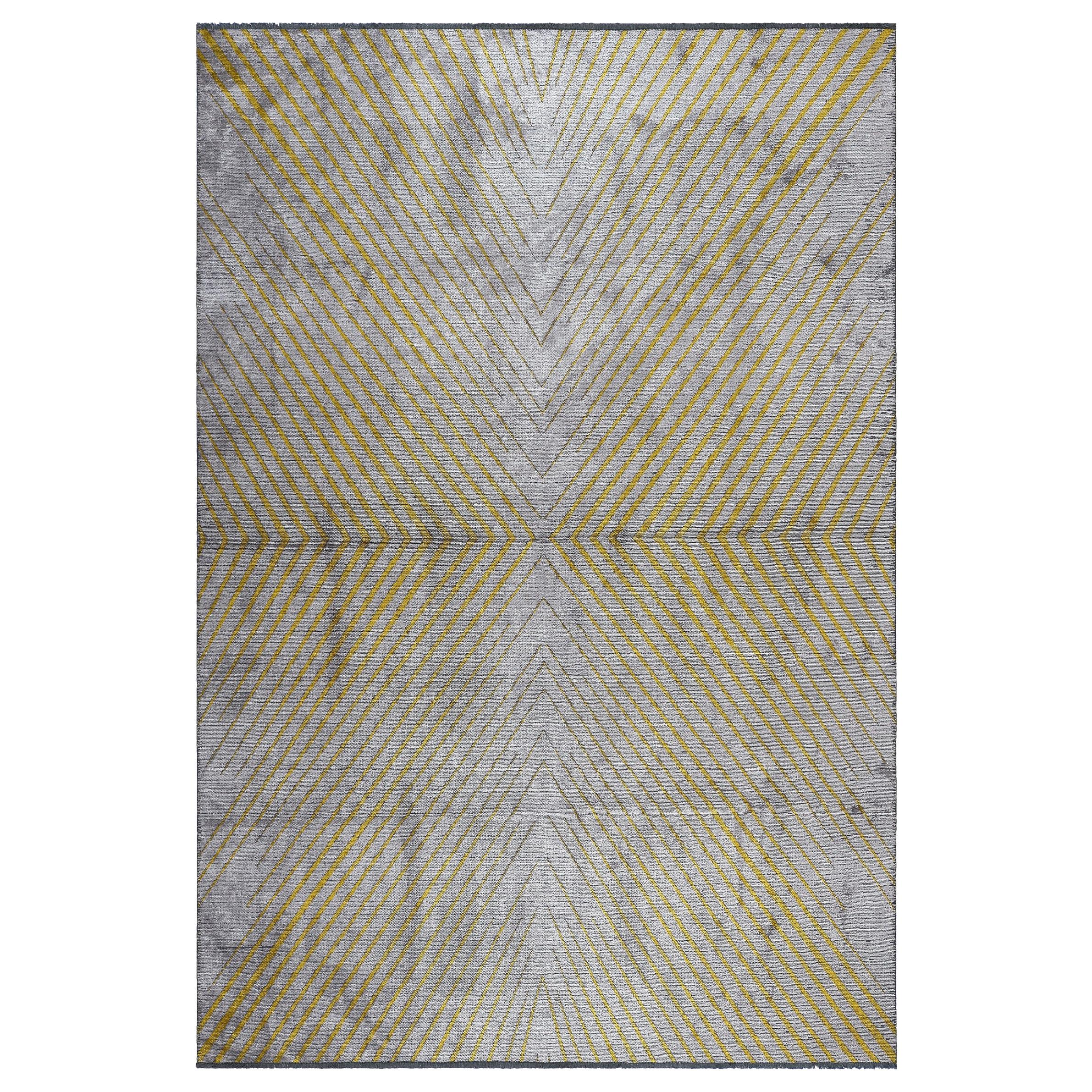 Tapis semi-peluche contemporain à motif de chevrons jaune, or et gris argenté