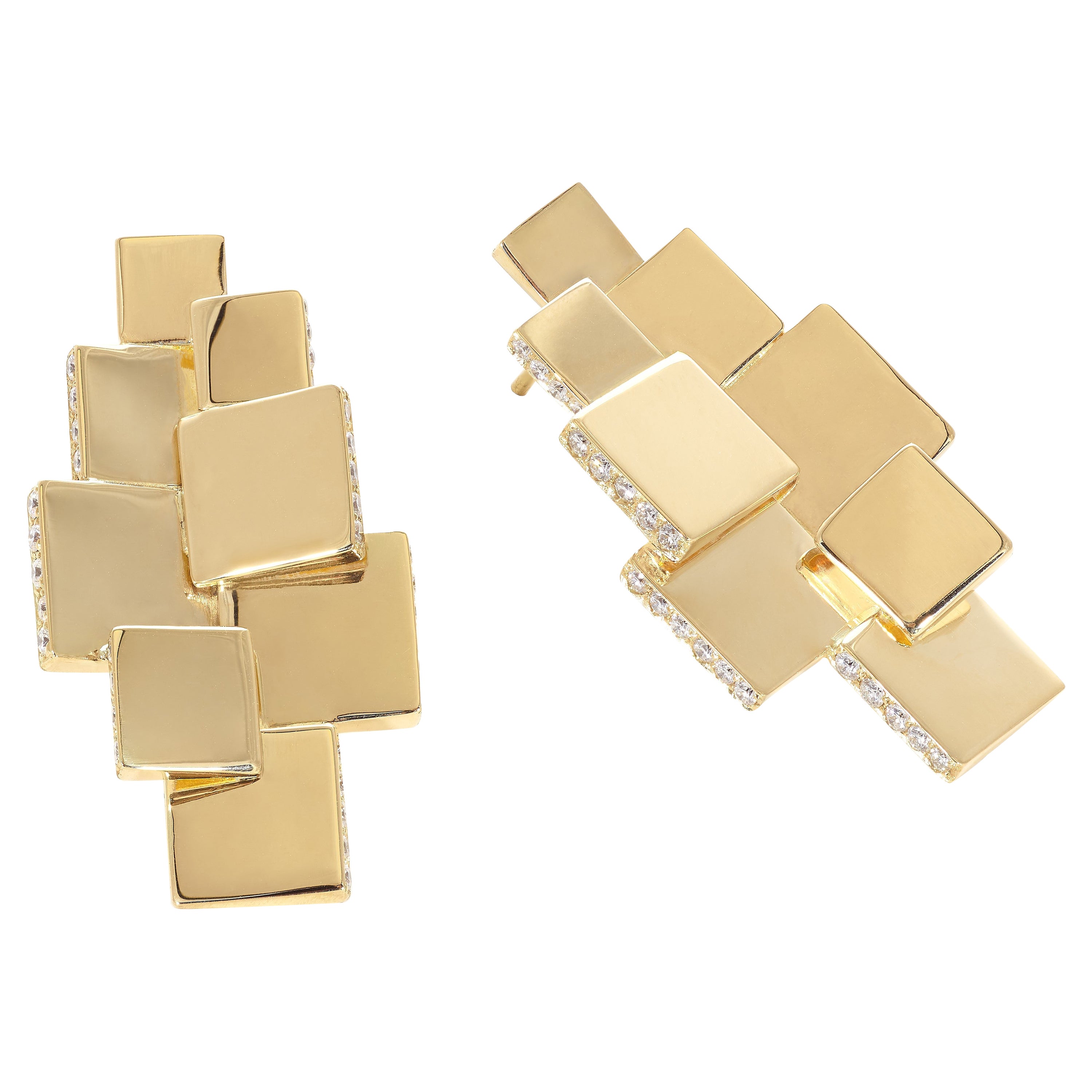 Yellow Gold and White Diamond Contemporary Drop Earrings