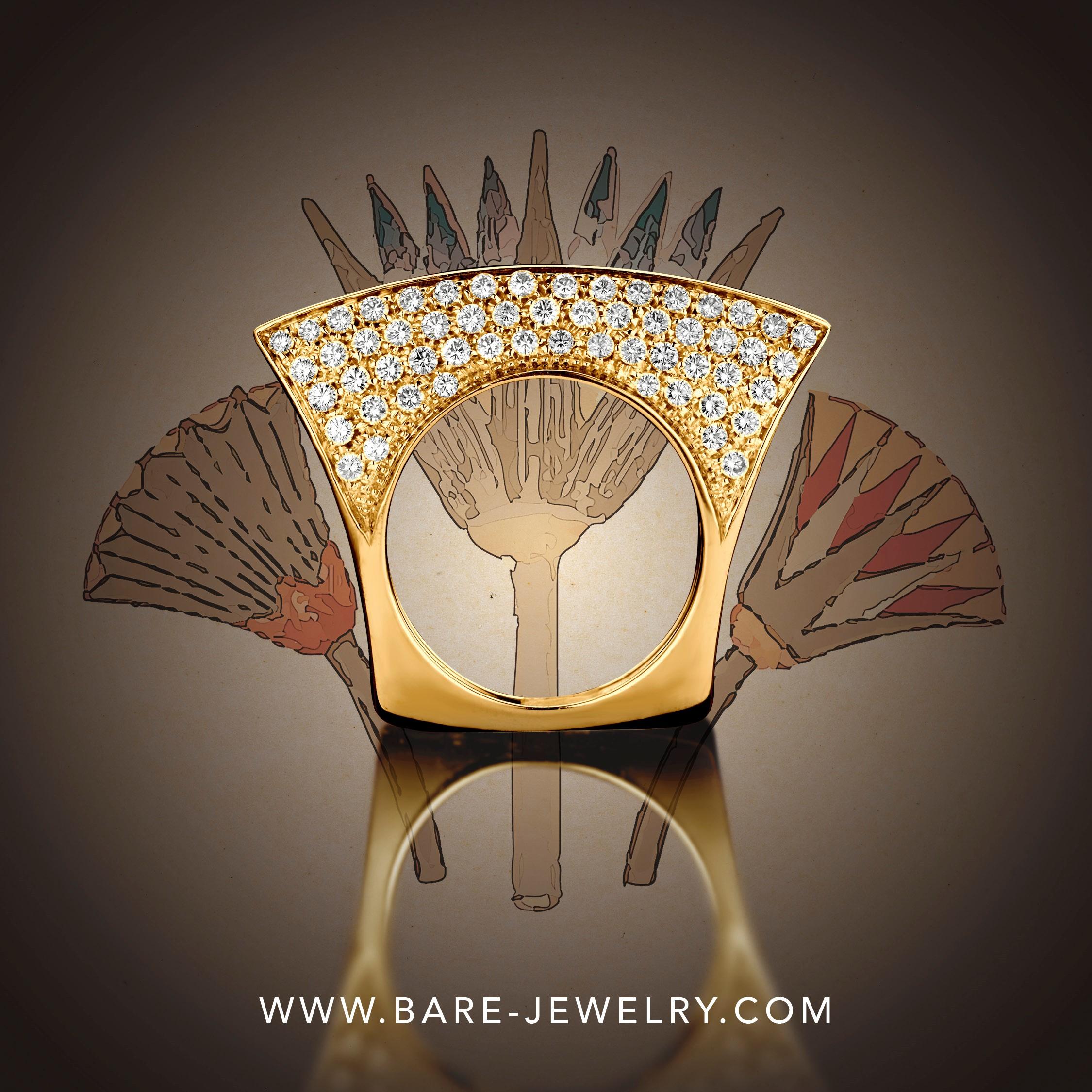 Round Cut Yellow Gold and White Diamond Lotus Ring For Sale