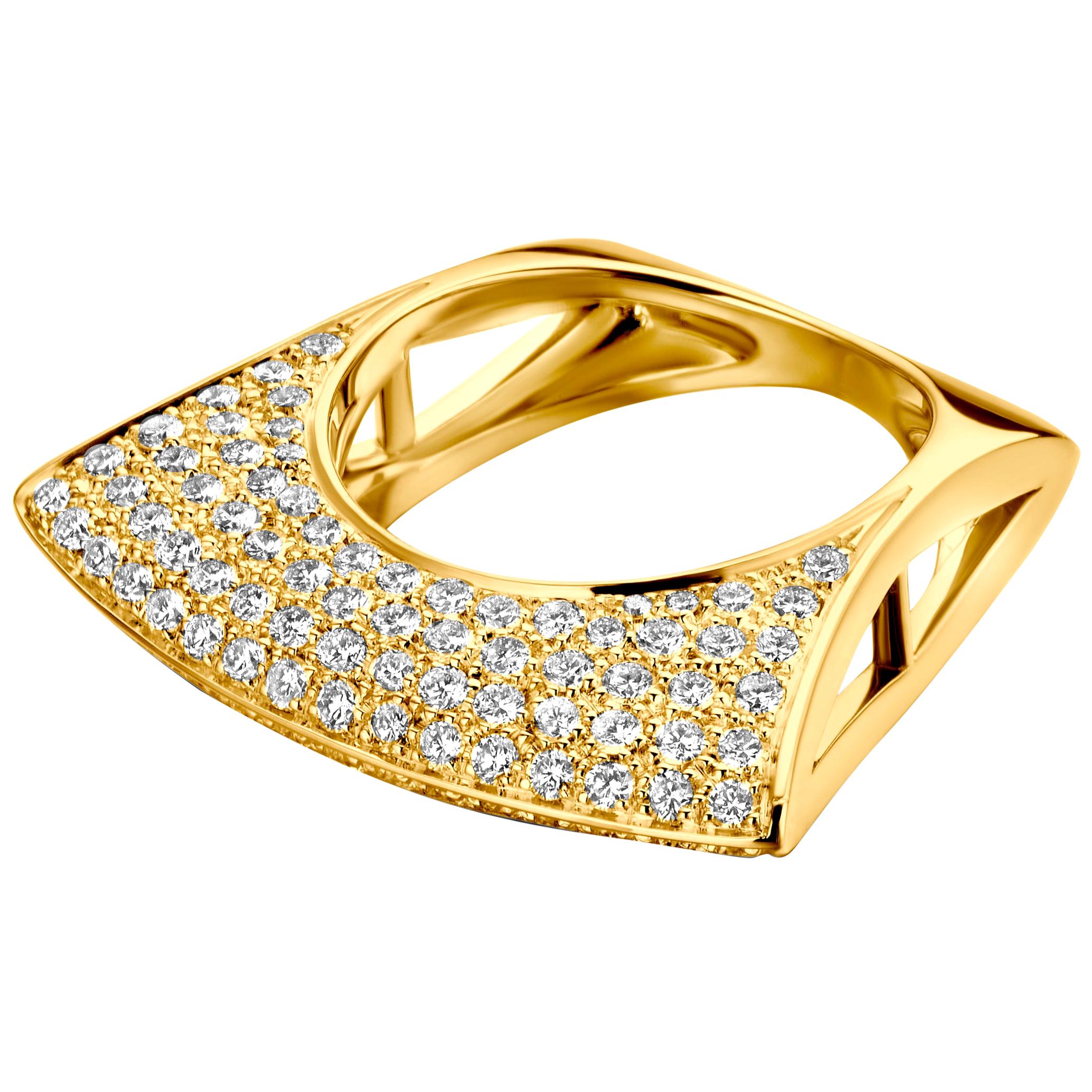 Yellow Gold and White Diamond Lotus Ring For Sale