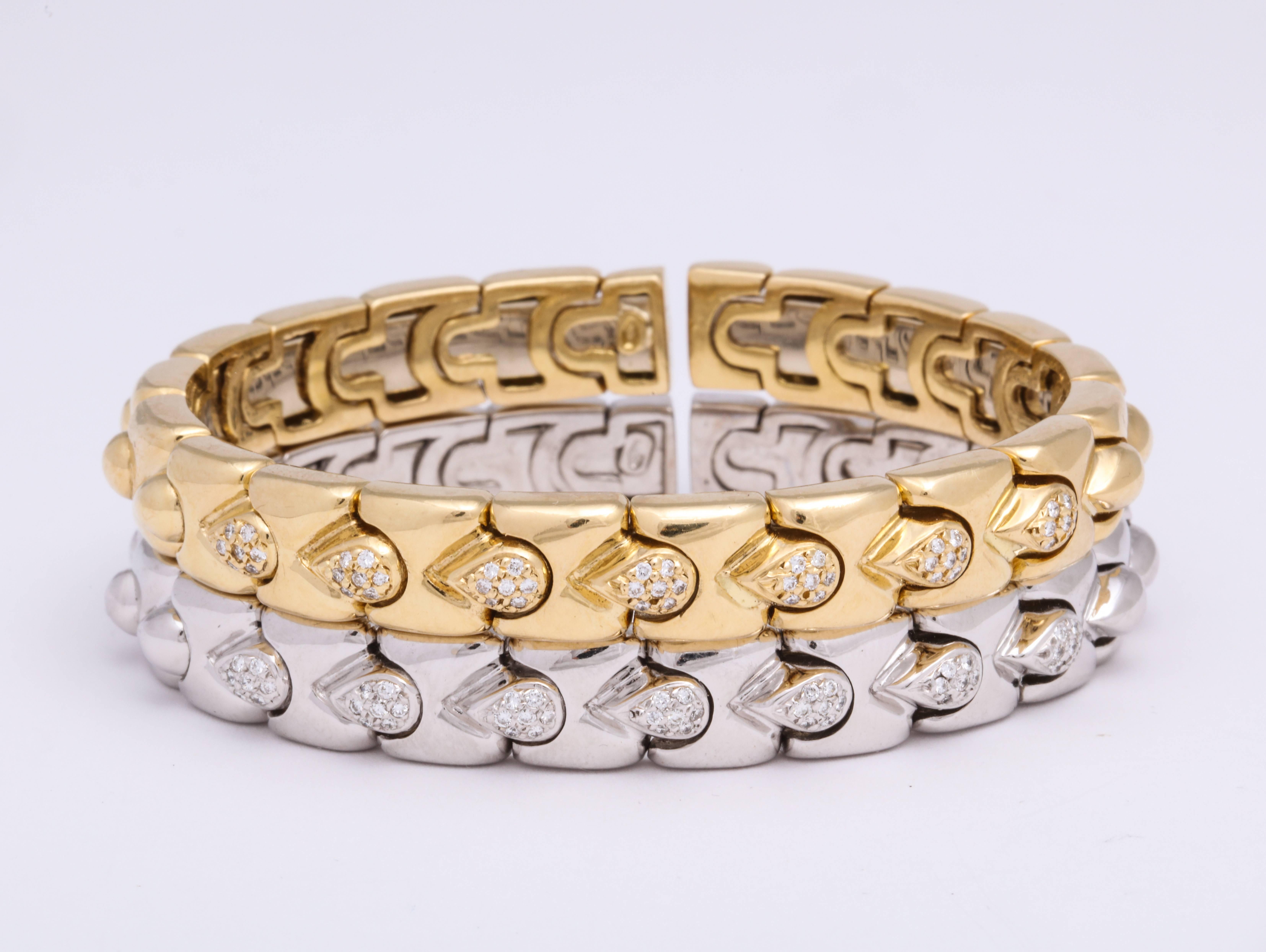 Contemporary Yellow Gold and White Gold Diamond Stack Bracelets For Sale