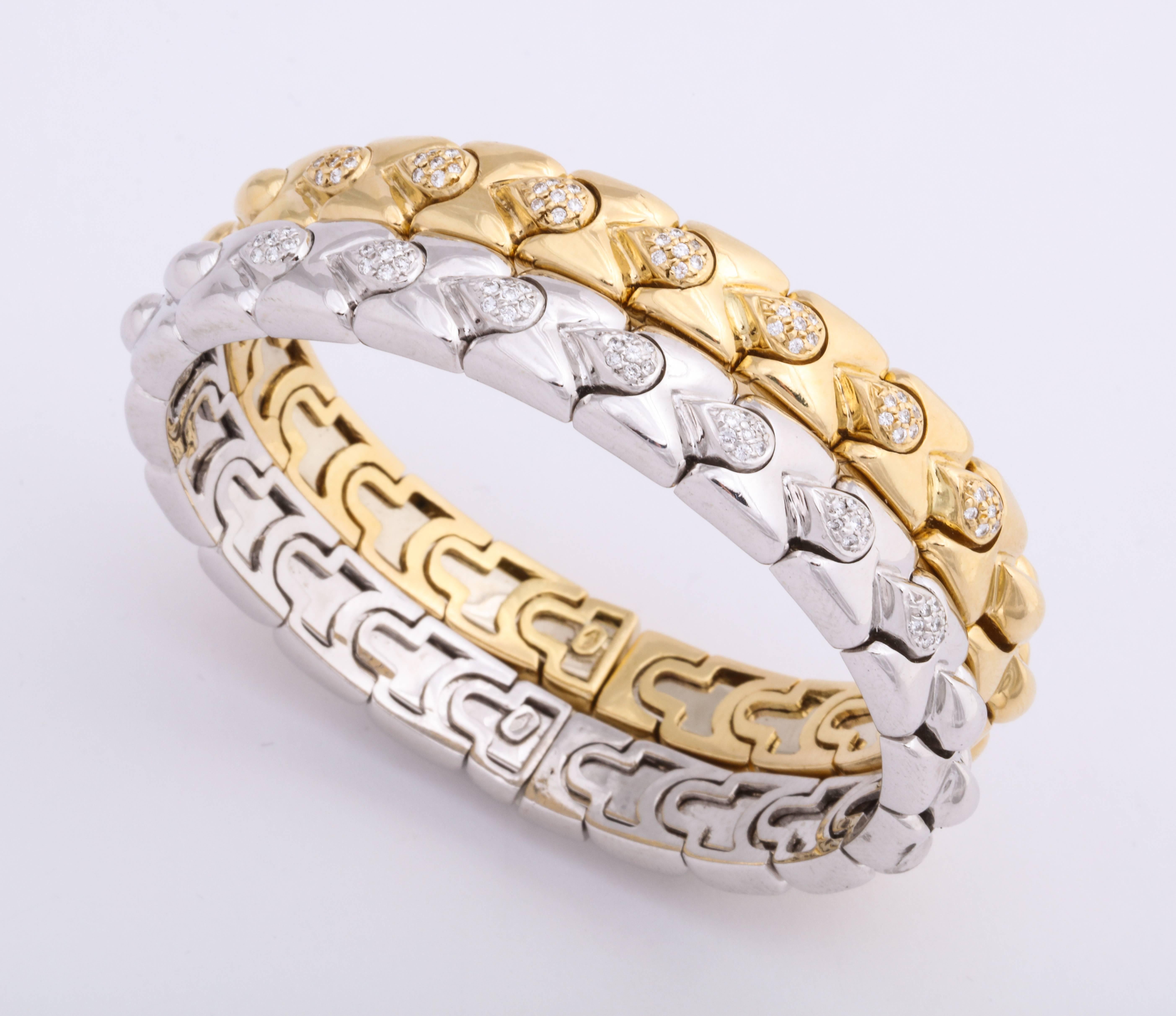 Women's or Men's Yellow Gold and White Gold Diamond Stack Bracelets For Sale