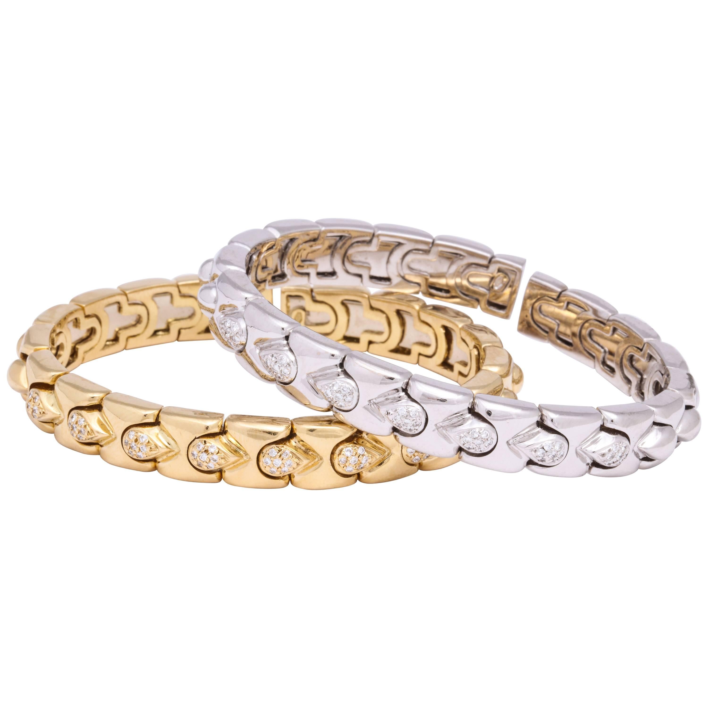 Yellow Gold and White Gold Diamond Stack Bracelets For Sale
