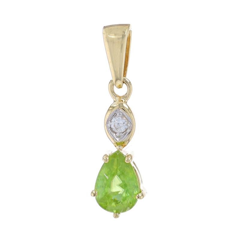 Metal Content: 10k Yellow Gold & 10k White Gold

Stone Information

Natural Andalusite
Carat(s): .60ct
Cut: Pear
Color: Green

Natural White Topaz
Carat(s): .03ct
Cut: Round

Total Carats: .63ctw

Measurements

Tall (from stationary bail): 5/8
