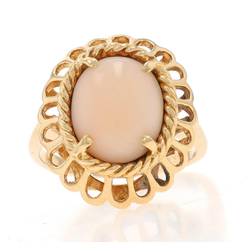 Size: 8
Sizing Fee: Up 2 1/2 sizes for $40 or Down 2 sizes for $40

Metal Content: 14k Yellow Gold

Stone Information

Natural Angel Skin Coral
Cut: Oval Cabochon

Style: Cocktail Solitaire
Theme: Floral Scallop

Measurements

Face Height (north to