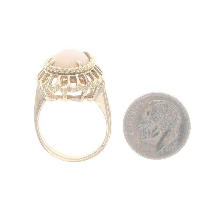 Yellow Gold Angel Skin Coral Cocktail Solitaire Ring 14k Oval Cab Floral Scallop For Sale 1