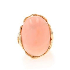 Yellow Gold Angel Skin Coral Cocktail Solitaire Ring - 14k Oval Cabochon Floral