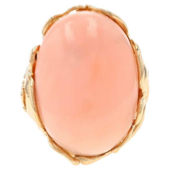 Yellow Gold Angel Skin Coral Cocktail Solitaire Ring - 14k Oval Cabochon Floral