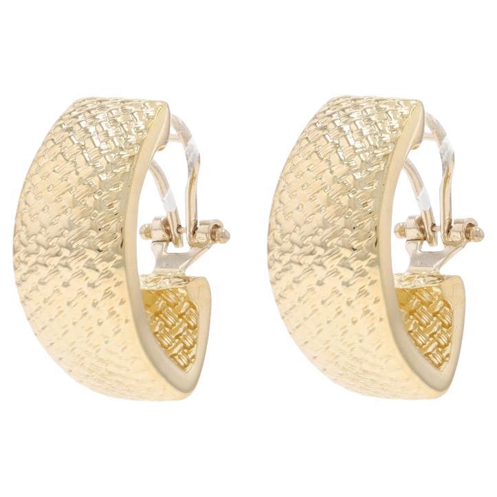 Yellow Gold Angled J-Hoop Earrings - 14k Woven Texture Italy Pierced
