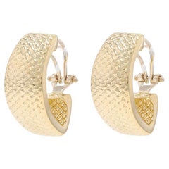 Yellow Gold Angled J-Hoop Earrings - 14k Woven Texture Italy Pierced
