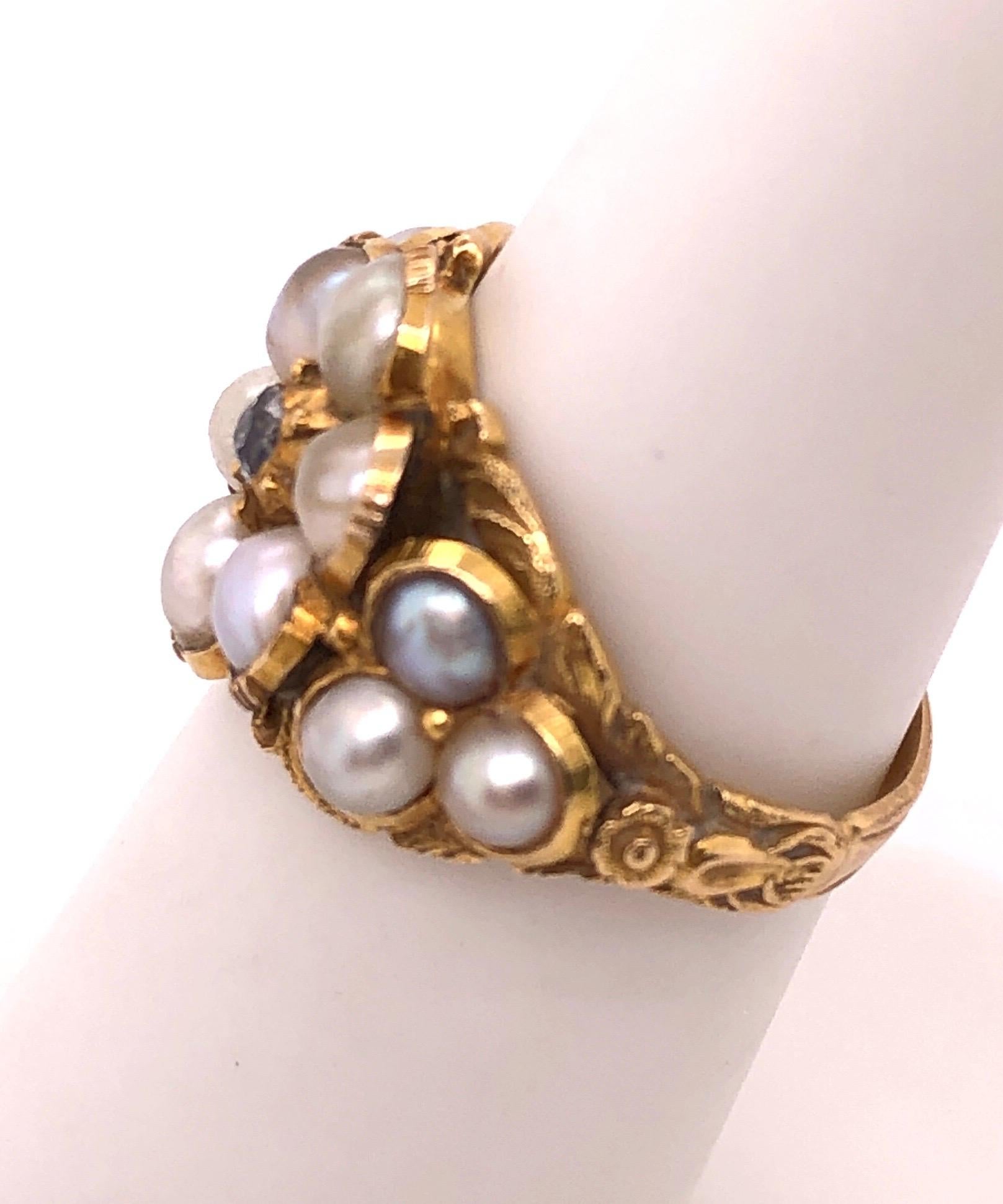 Women's or Men's Yellow Gold Antique Cluster of Pearl Ring with Diamond For Sale