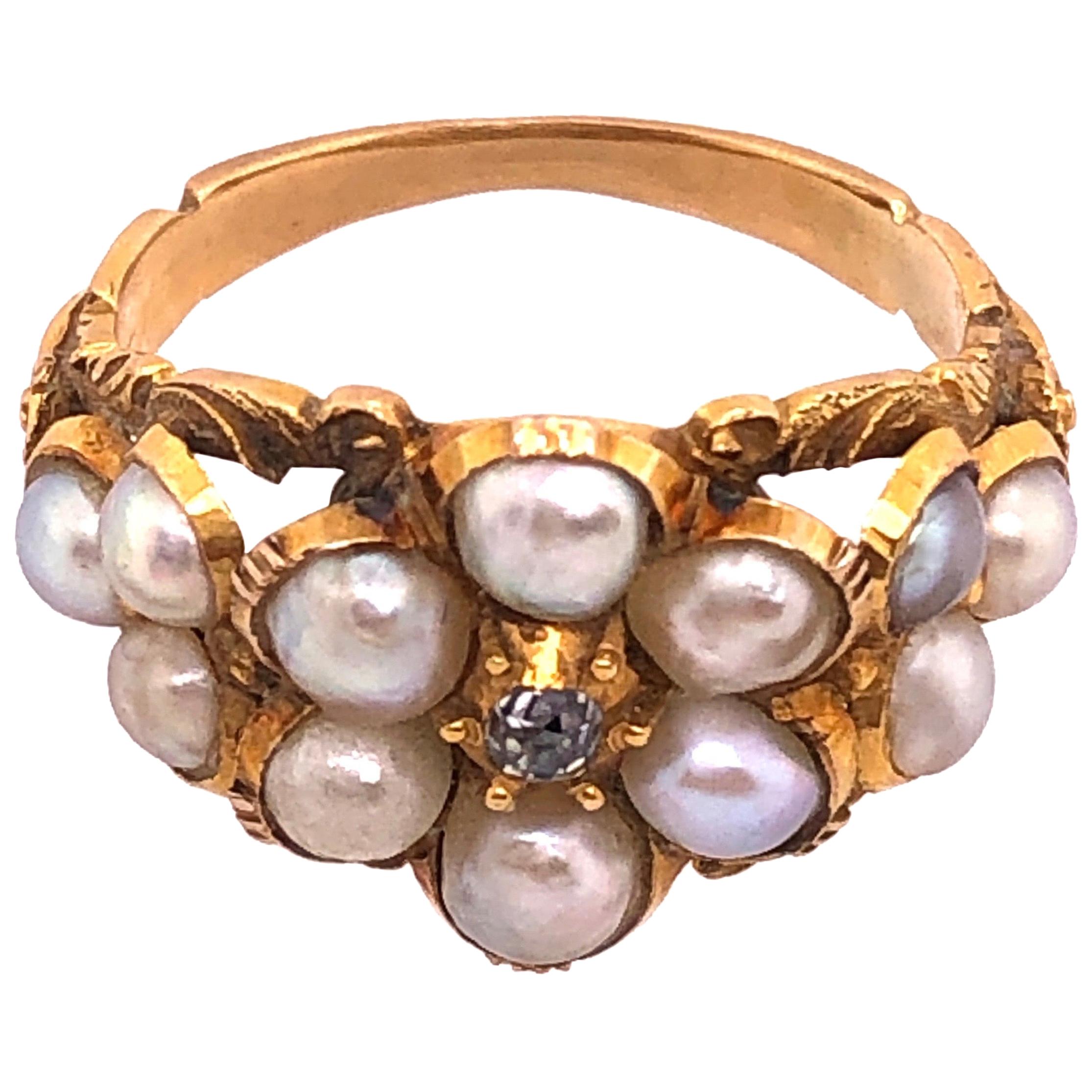 Yellow Gold Antique Cluster of Pearl Ring with Diamond
