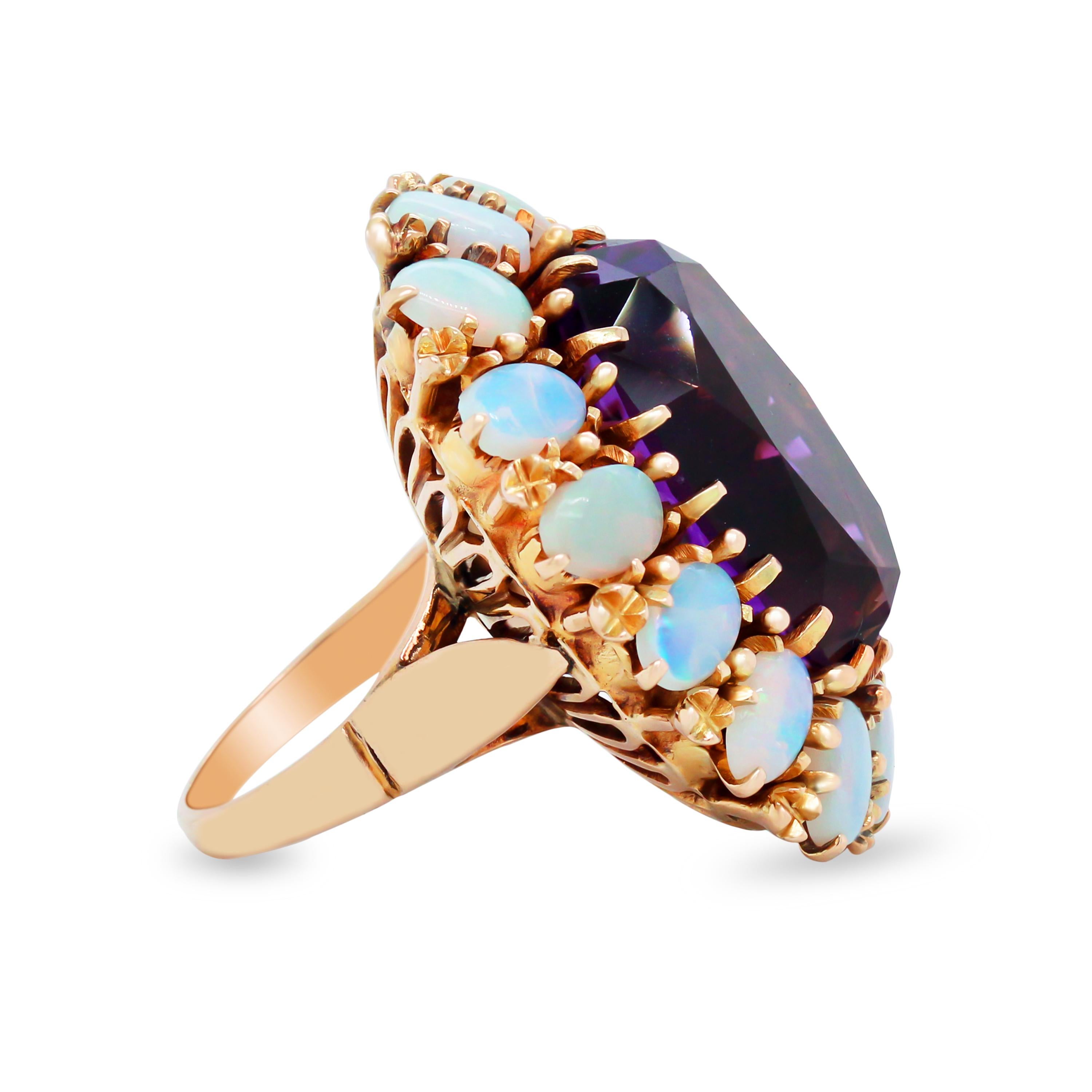 Victorian Yellow Gold Antique Cocktail Ring with Opals and Amethyst Center