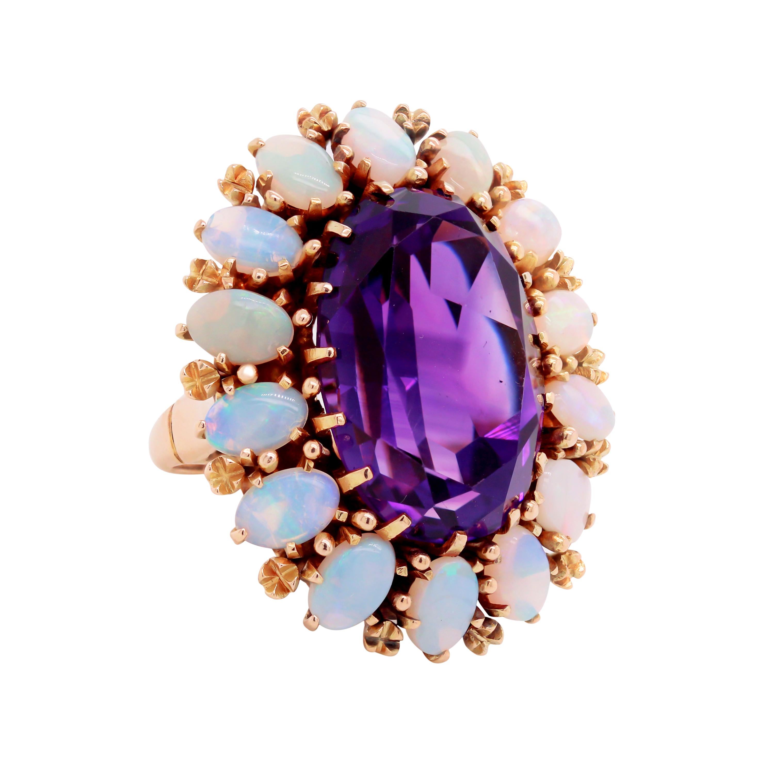 Oval Cut Yellow Gold Antique Cocktail Ring with Opals and Amethyst Center