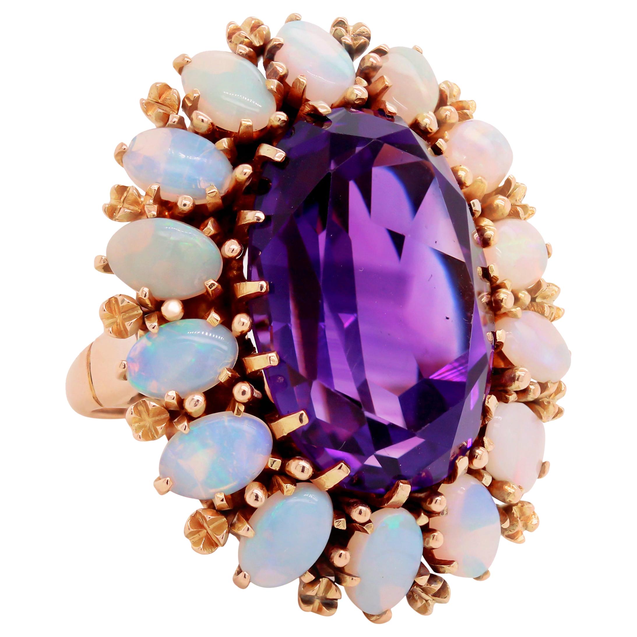 Yellow Gold Antique Cocktail Ring with Opals and Amethyst Center