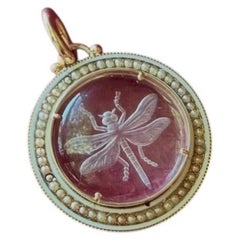 Yellow Gold Antique Seed Pearl Necklace with Dragonfly Intaglio Design 14kt