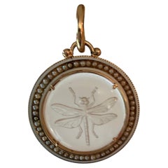 Yellow Gold Antique Seed Pearl Necklace with Dragonfly Intaglio Design 14kt