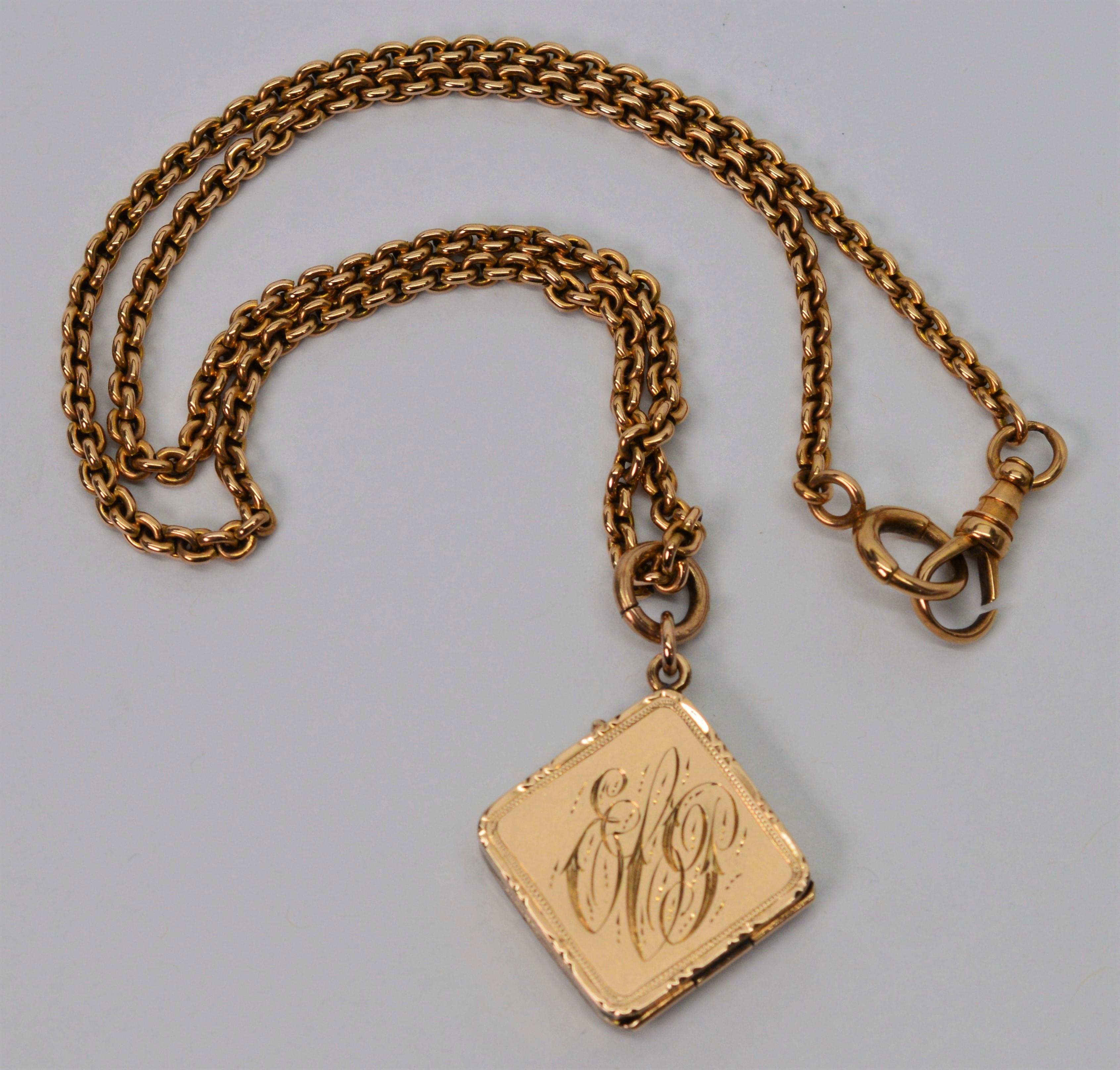 A unique antique piece to wear as a charming one of a kind necklace or a great complement to a vintage pocket watch or watch charm.
This antique cable chain is fourteen karat 14k yellow gold and is finished with a dog clip and spring ring. Floating
