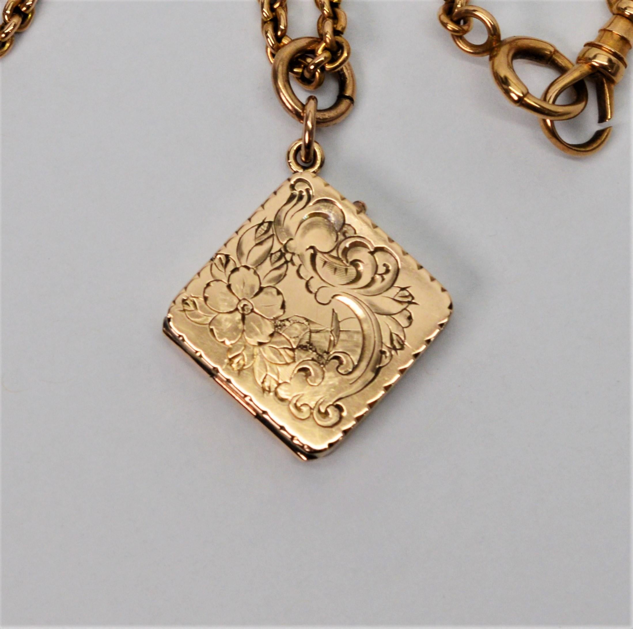 Yellow Gold Antique Watch Chain Necklace with Locket Charm Fob In Good Condition In Mount Kisco, NY