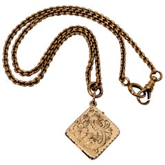 Yellow Gold Antique Watch Chain Necklace with Locket Charm Fob