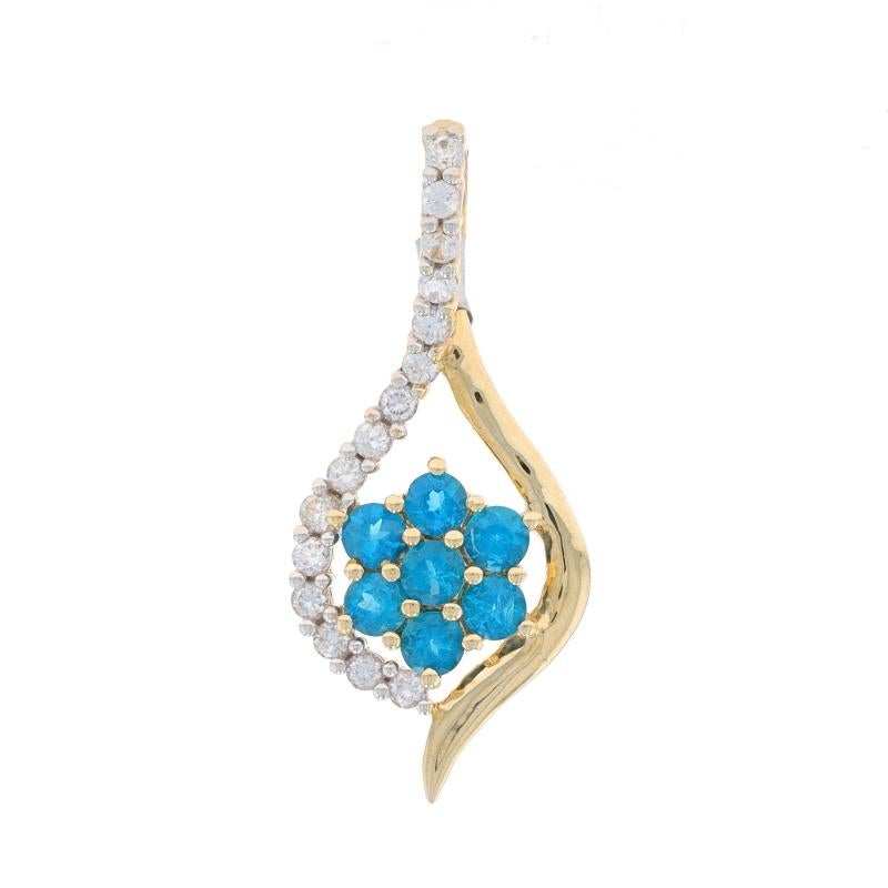 Metal Content: 10k Yellow Gold & 10k White Gold

Stone Information
Natural Apatite
Treatment: Heating
Carat(s): .28ctw
Cut: Round
Color: Blue

Natural Topaz
Carat(s): .45ctw
Cut: Round
Color: White

Total Carats: .73ctw

Style: Cluster
Theme: Flower