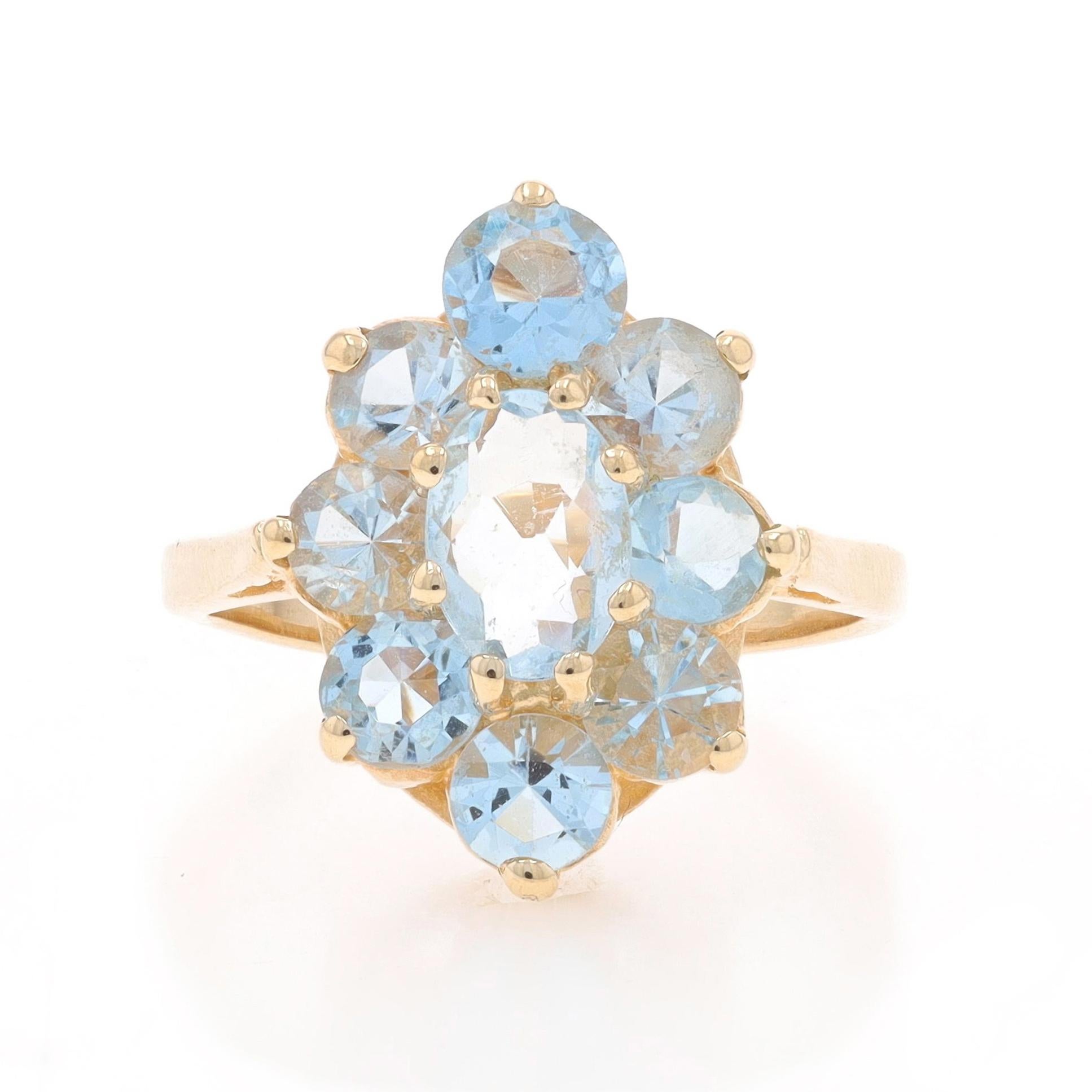 Size: 6 1/2
Sizing Fee: Up 3 sizes for $30 or Down 2 sizes for $30

Metal Content: 14k Yellow Gold

Stone Information

Natural Aquamarines
Treatment: Heating
Carat(s): 2.63ctw
Cut: Oval & Round
Color: Blue

Total Carats: 2.63ctw

Style: Cluster