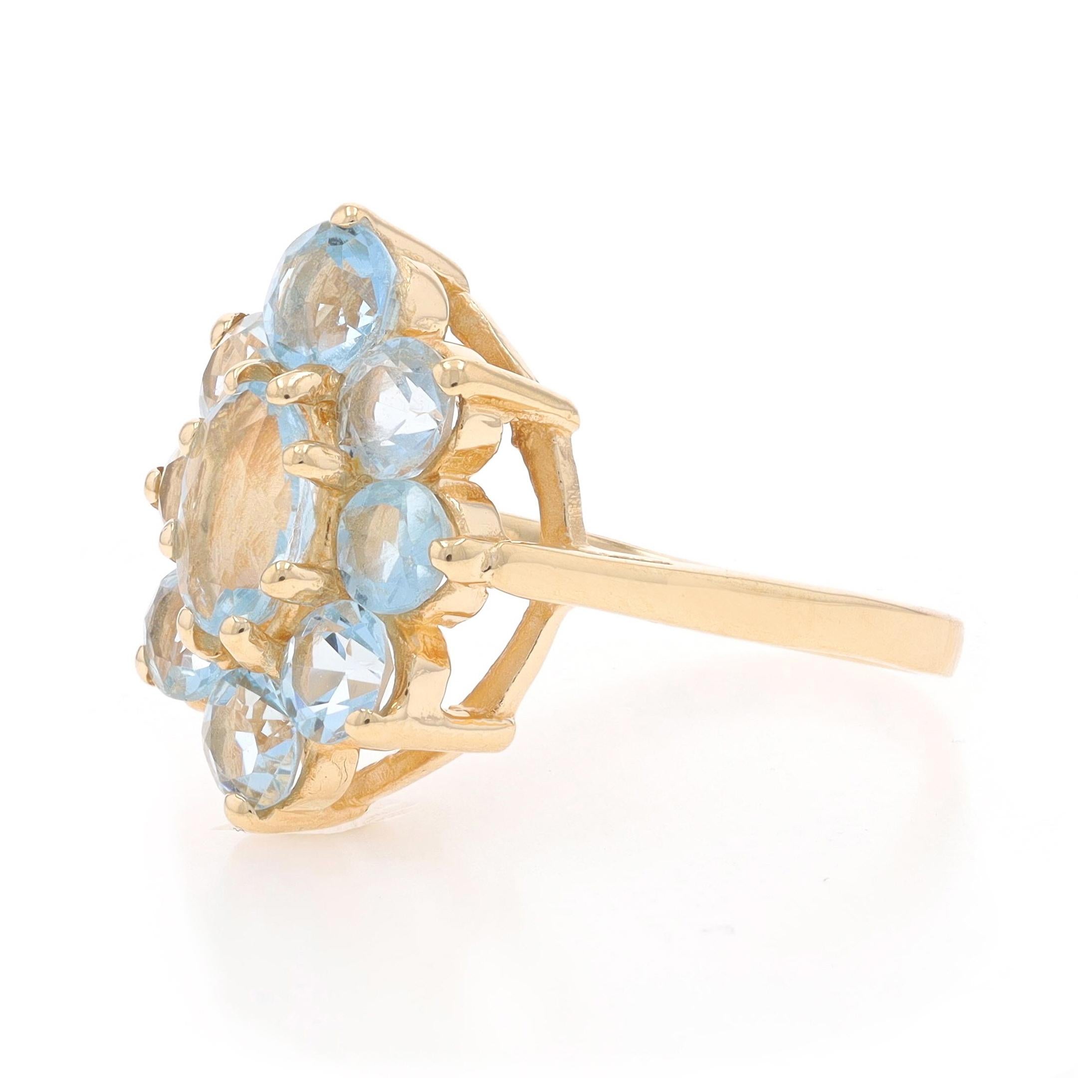 Yellow Gold Aquamarine Cluster Cocktail Halo Ring -14k Oval & Rnd 2.63ctw Flower In Excellent Condition For Sale In Greensboro, NC