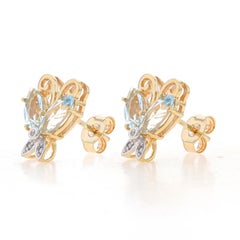 Yellow Gold Aquamarine & Diamond Butterfly Large Stud Earrings -10k Marq 2.04ctw