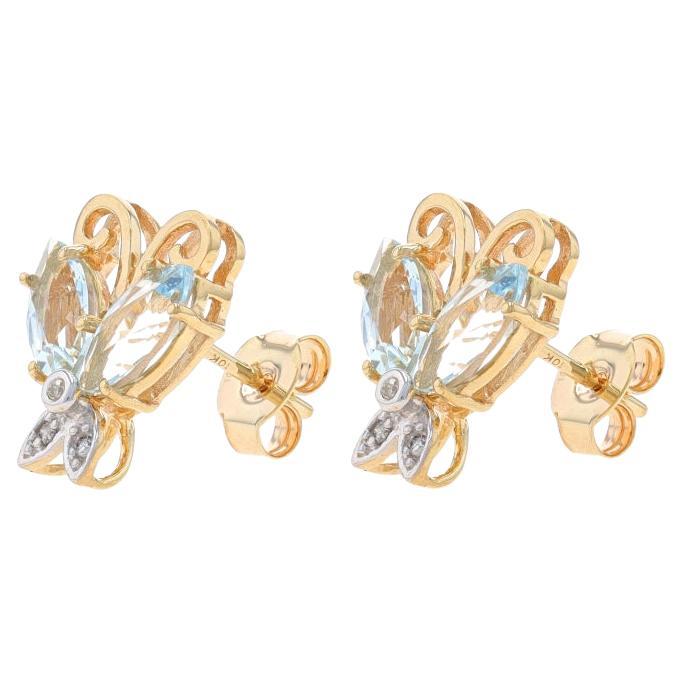 Yellow Gold Aquamarine & Diamond Butterfly Large Stud Earrings -10k Marq 2.04ctw