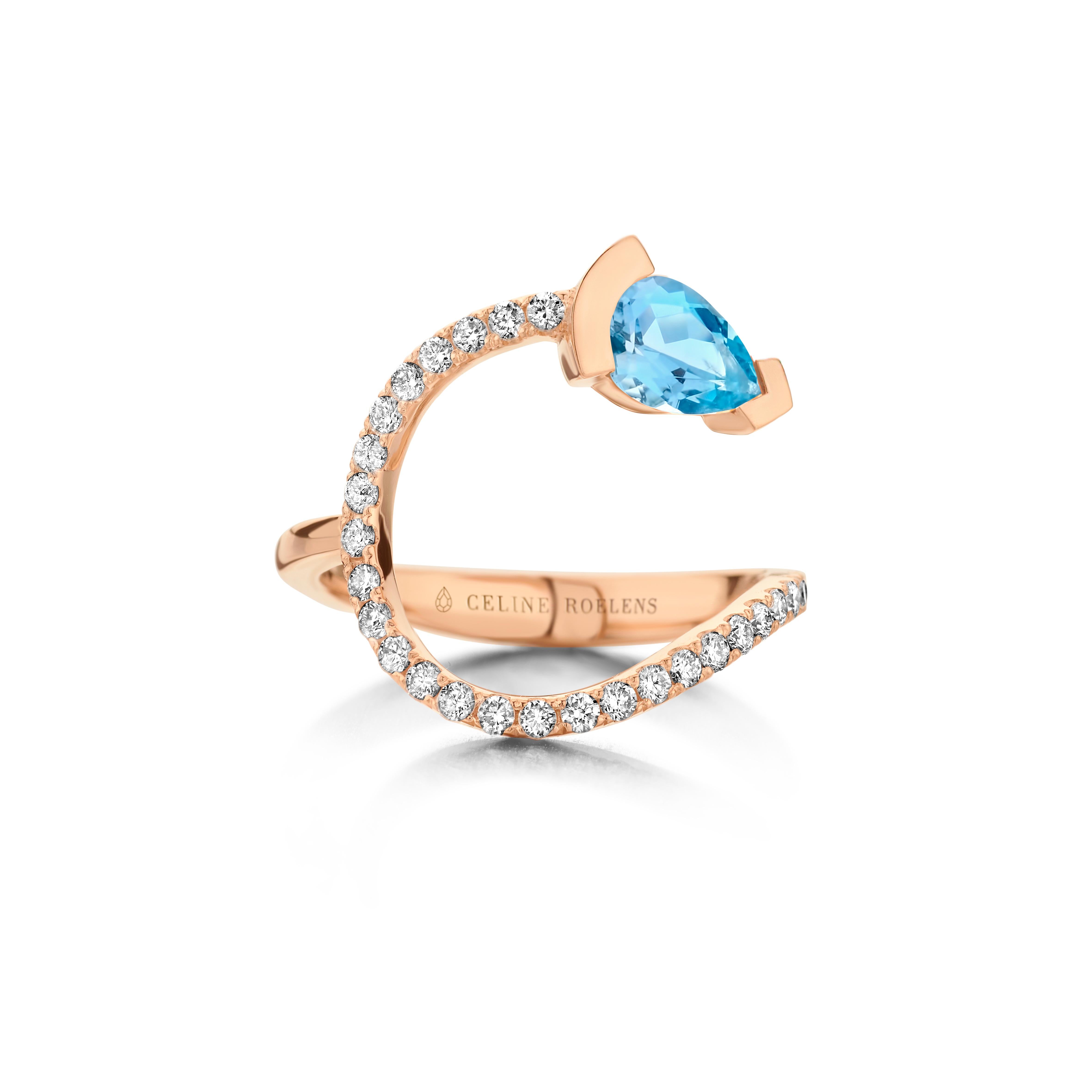 ADELINE geschwungener Ring aus 18 Karat Gelbgold, besetzt mit einem birnenförmigen Aquamarin und 0,33 Karat Diamanten mit weißem Brillantschliff - Qualität VS F.