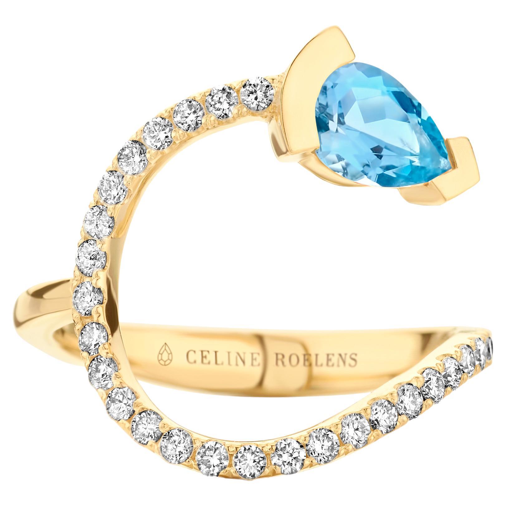 Yellow Gold Aquamarine Diamond Cocktail Ring  For Sale