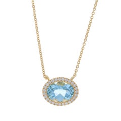 Yellow Gold Aquamarine Diamond Halo Necklace 16" 14k Oval Checkerboard 1.72ctw