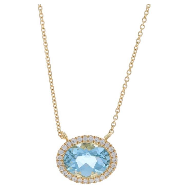 Collier en Or Jaune Aigue Marine Diamant Halo 16" 14k Oval Checkerboard 1.72ctw en vente