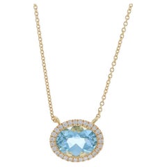 Collier en Or Jaune Aigue Marine Diamant Halo 16" 14k Oval Checkerboard 1.72ctw