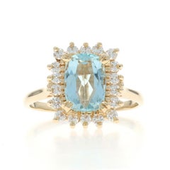 Yellow Gold Aquamarine Diamond Halo Ring - 14k Cushion 2.63ctw
