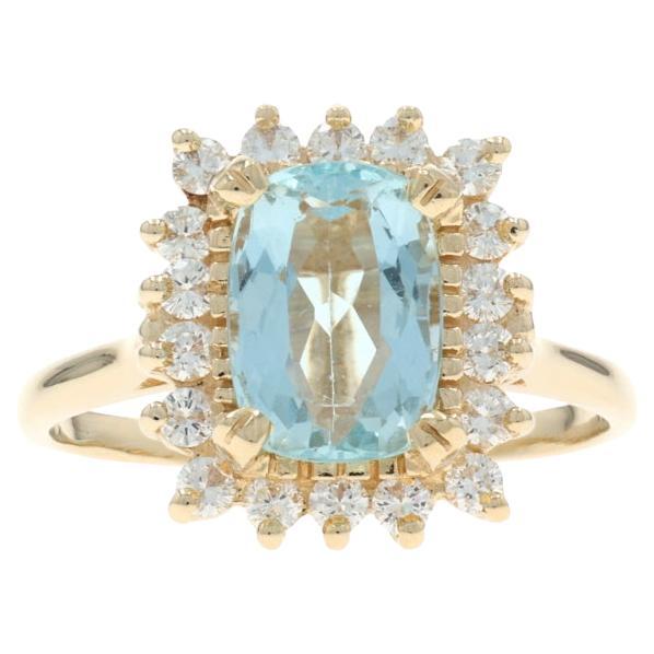 Yellow Gold Aquamarine Diamond Halo Ring - 14k Cushion 2.63ctw For Sale