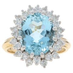 Yellow Gold Aquamarine Diamond Halo Ring - 18k Oval 5.61ctw