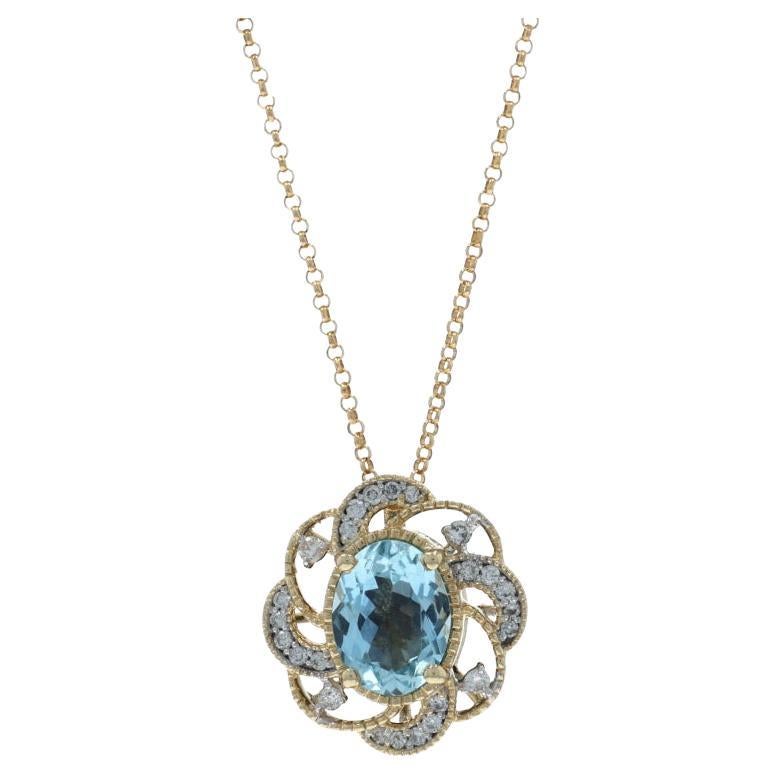 Yellow Gold Aquamarine Diamond Pendant Necklace 15 1/2" -14k Oval 1.25ctw Flower