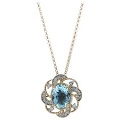 Yellow Gold Aquamarine Diamond Pendant Necklace 15 1/2" -14k Oval 1.25ctw Flower